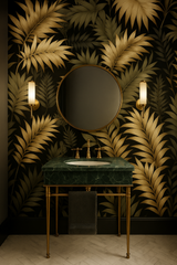 Botanical wallpaper with gold palmetto pattern on dark background.
