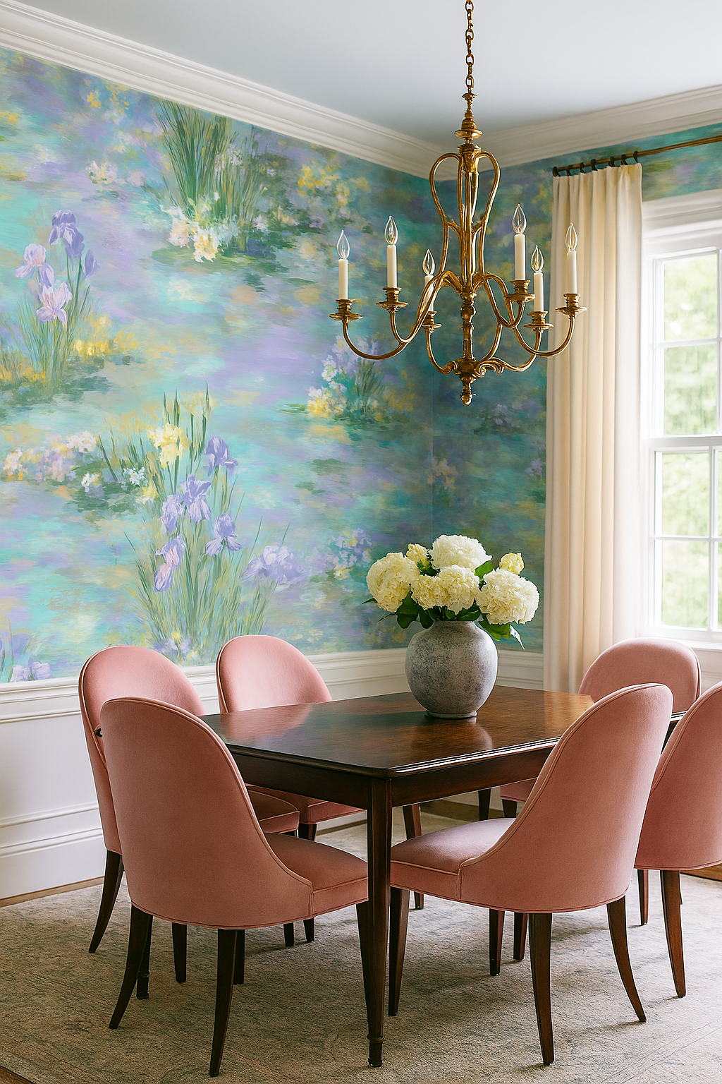 Monet’s Garden Party Wallpaper featuring watercolor irises and water lilies against a calming, colorful backdrop.
