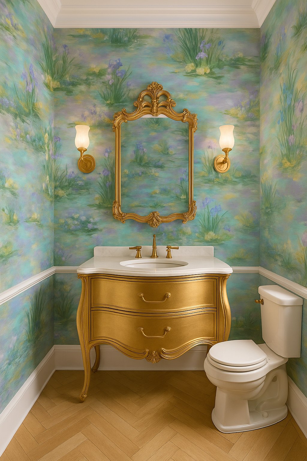 Floral patterned wallpaper with water lilies from Monet's Garden Party collection.