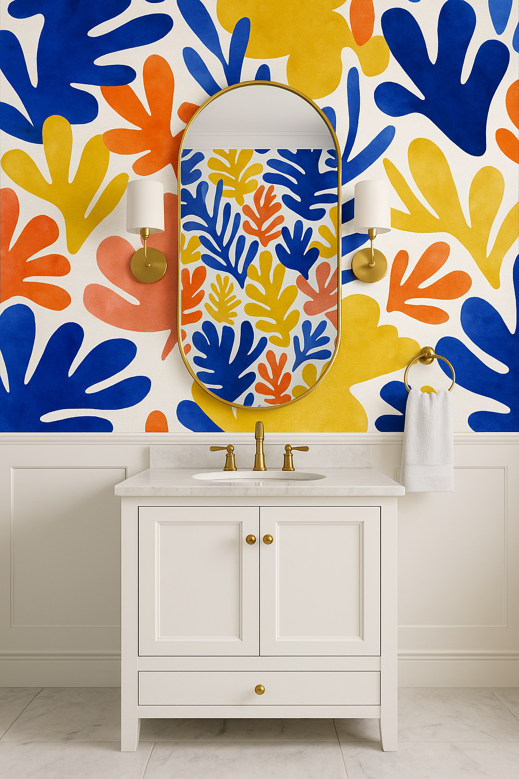 Colorful Matisse Mingle wallpaper with blue, yellow, and orange floral shapes, seen behind a vanity with a mirror.
