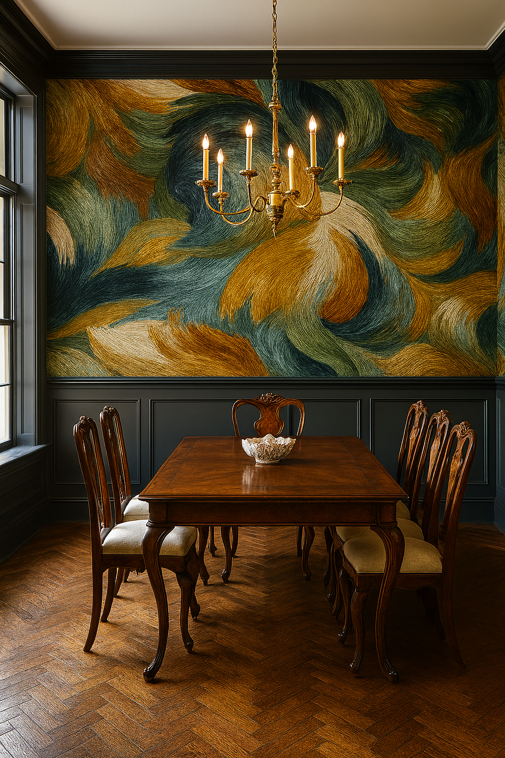 Velvet Swell Wallpaper with swirling waves in hues of green, brown, and gold.
