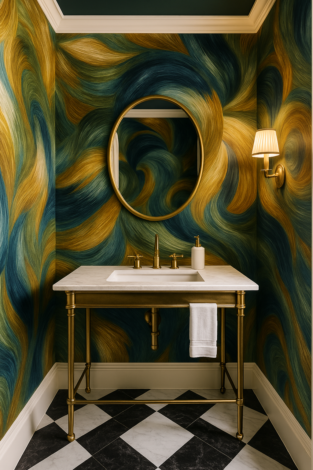 Velvet Swell Wallpaper with swirling gold, blue, and green colors, shown in a bathroom setting.
