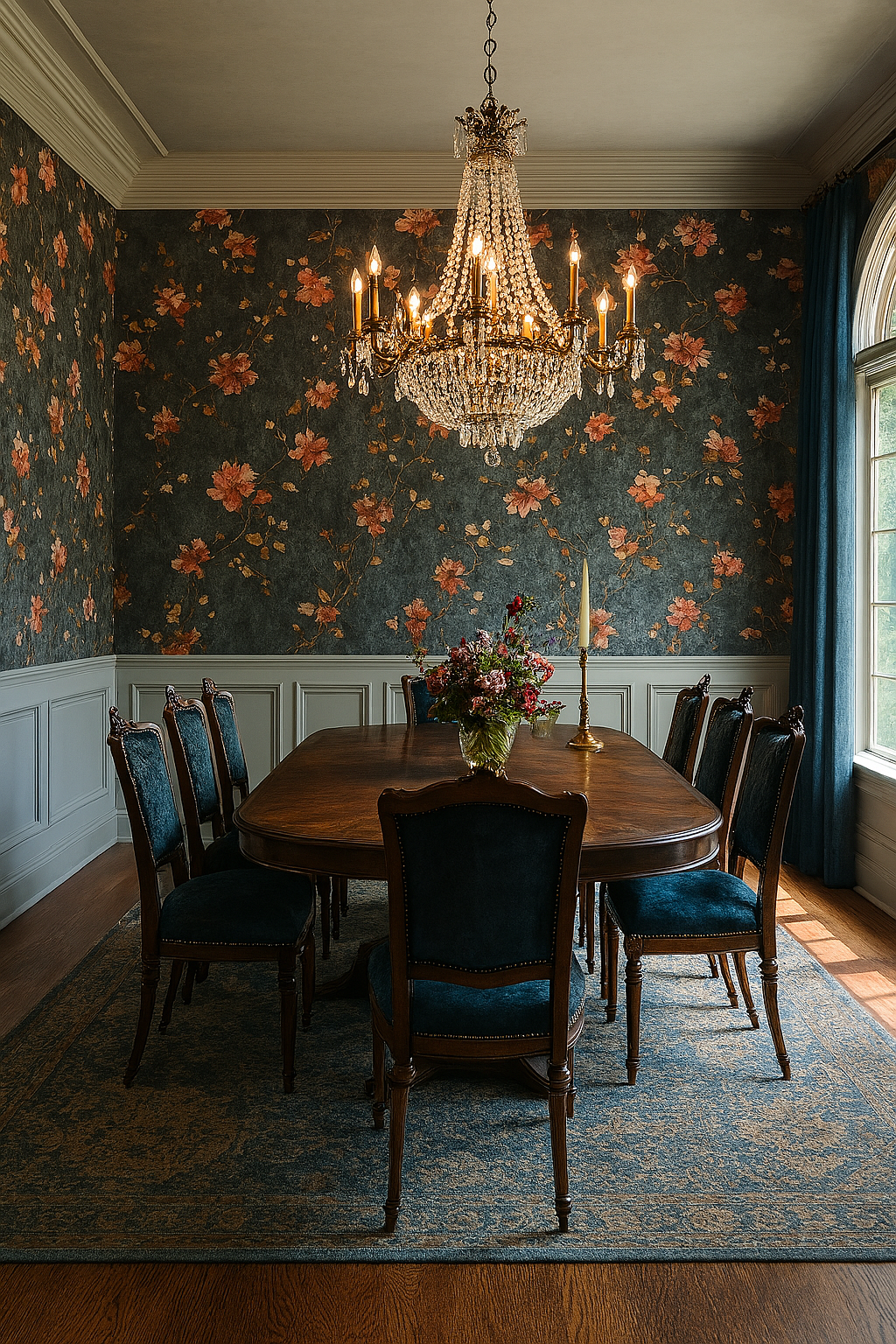 Floral bloom wallpaper with orange flowers on a teal background, against a wainscoted wall.