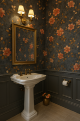 Floral wallpaper with rusted blooms pattern, illuminating a classic bathroom with vintage lighting.
