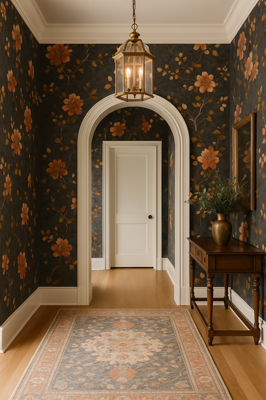 Rusted Bloom Wallpaper with floral pattern on a dark background.