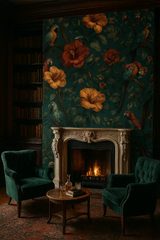 Jungle tapestry wallpaper featuring parrots and large hibiscus flowers, set in a cozy room with fireplace and green armchairs.
