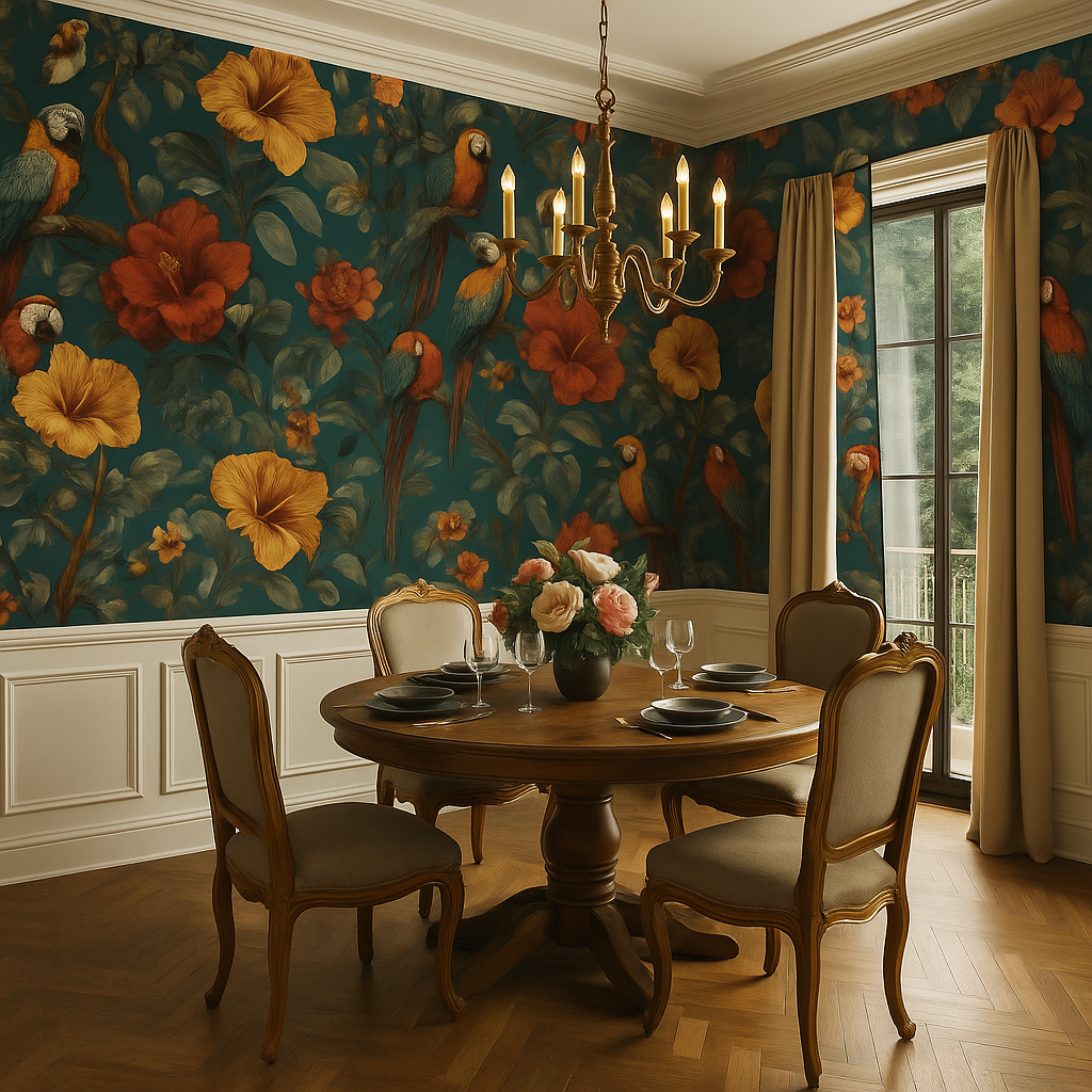 Botanical wallpaper featuring a floral and parrot motif with a dark teal background.