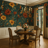 Botanical wallpaper featuring a floral and parrot motif with a dark teal background.