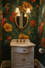 Jungle Tapestry Wallpaper with parrots and flowers, covering a bathroom wall behind a vanity with marble top and gold faucet.
