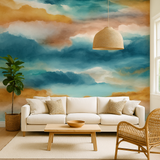 Dune Mirage Wallpaper with cloud pattern featuring blue, gold and tan hues.

