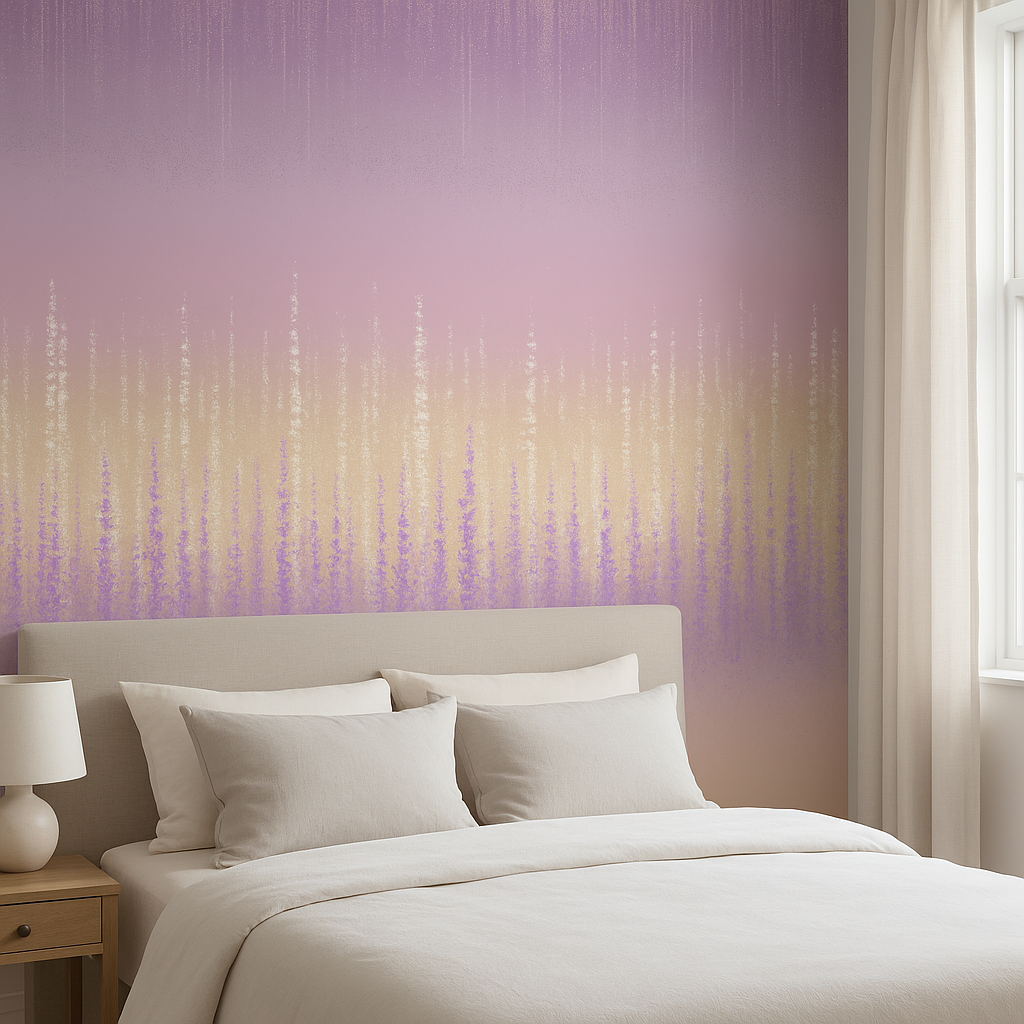 Lavenderfall wallpaper with purple gradient and vertical gold accents, styled in a bedroom setting.
