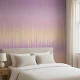 Lavenderfall wallpaper with purple gradient and vertical gold accents, styled in a bedroom setting.

