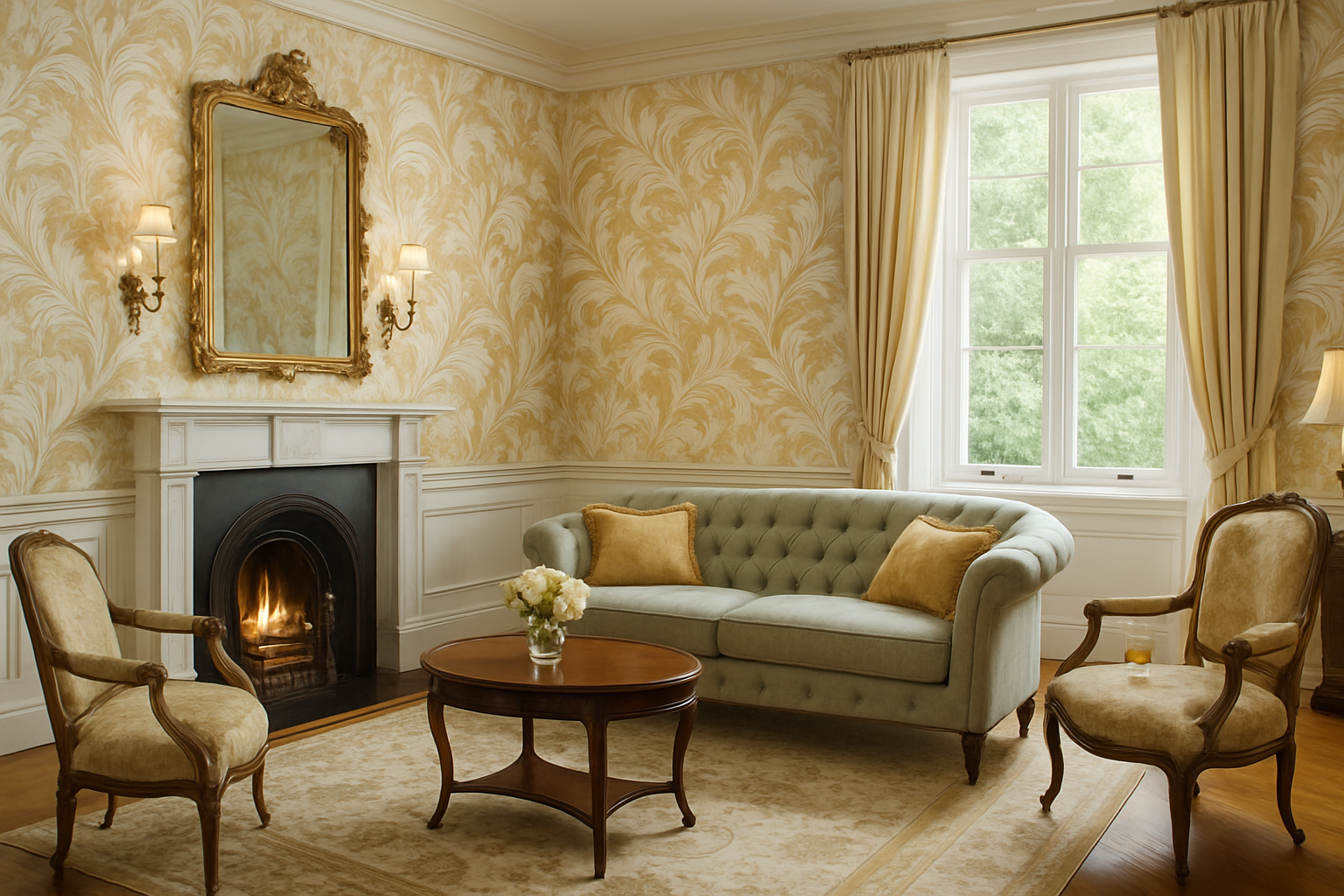 Golden damask wallpaper featuring a leafy pattern.
