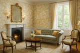 Golden damask wallpaper featuring a leafy pattern.
