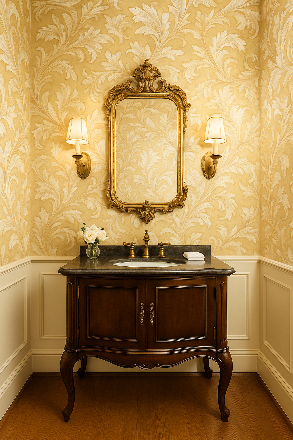 Golden damask wallpaper with a leafy pattern in a traditional bathroom setting.
