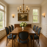 Manor Lattice Wallpaper with a diamond pattern on the wall behind a dining room.