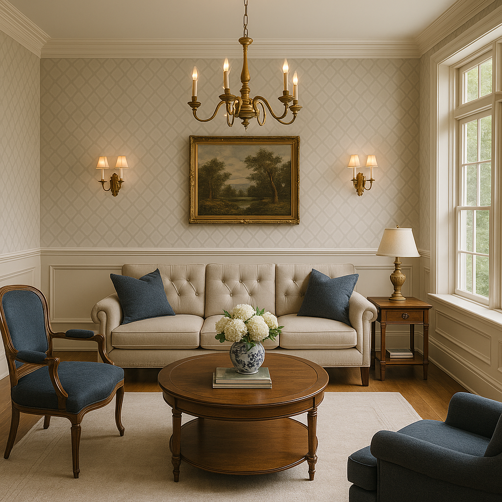 Neutral lattice wallpaper with diamond pattern, set in a traditionally styled living room.
