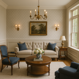 Neutral lattice wallpaper with diamond pattern, set in a traditionally styled living room.
