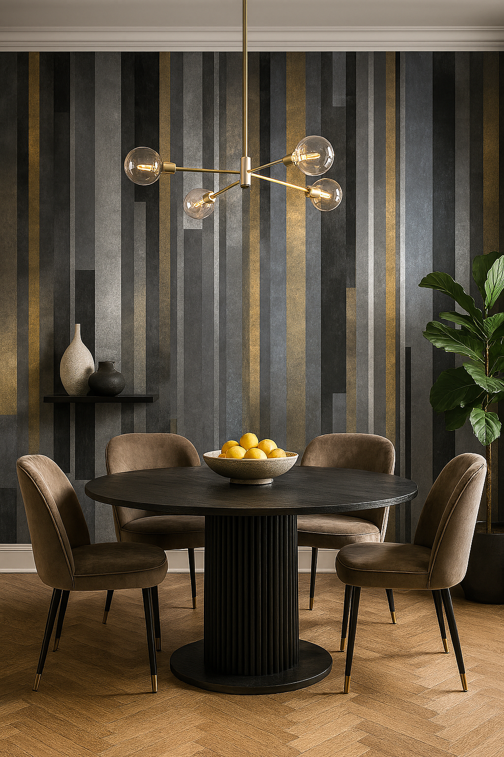 Graphite stripe wallpaper with gray and gold tones, featuring a vertical pattern, and contrasting neutral colored furniture.
