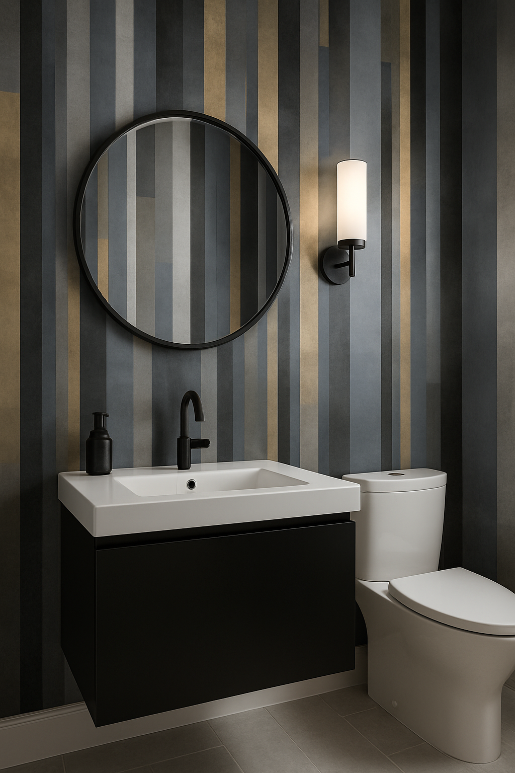 Graphite stripe wallpaper with varying colors by vertical stripes in shades of gray and gold.
