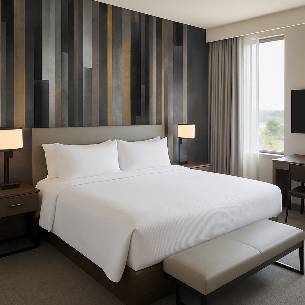 Striped graphite wallpaper featuring grey, black and gold vertical bars.