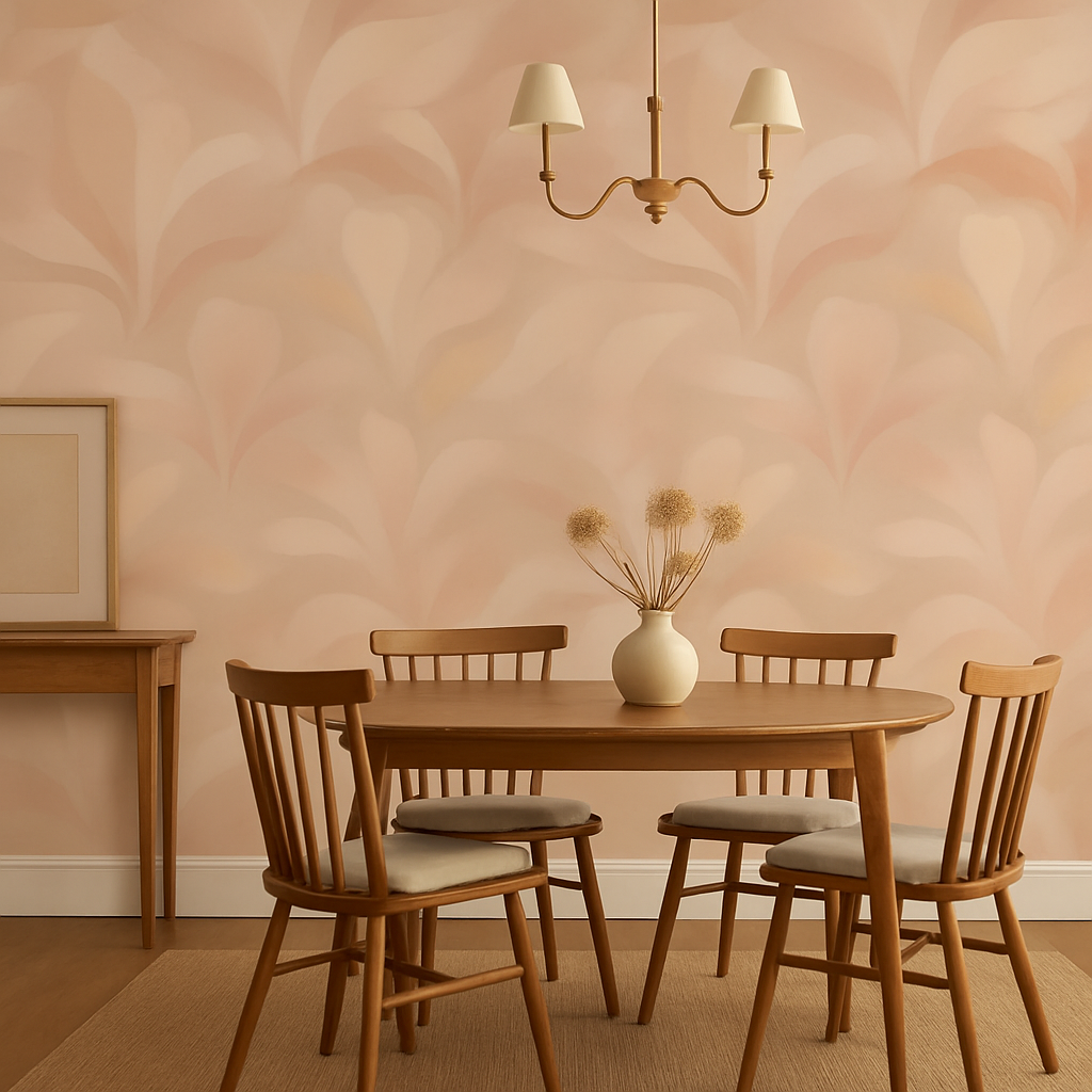 Rosewater Veil Wallpaper featuring a leaf-like pattern on a pink background.
