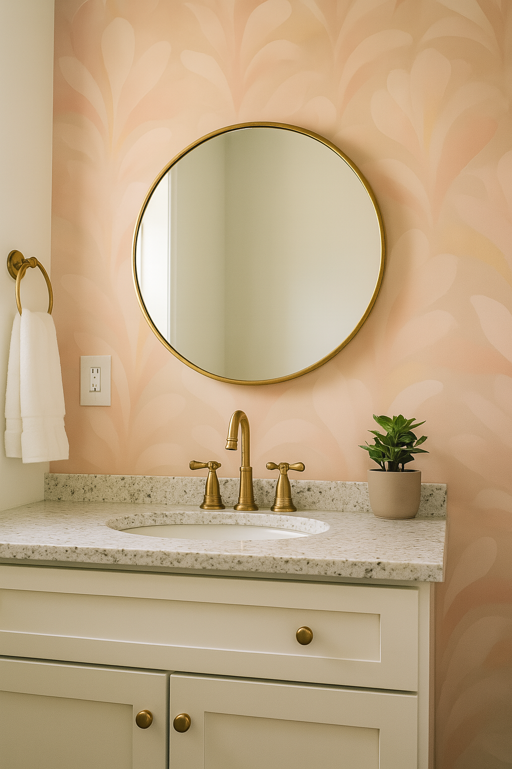 Rosewater Veil Wallpaper with a leaf pattern on a peach and cream backdrop.