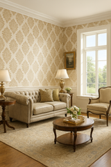 Traditional scroll wallpaper with damask pattern, and subtle gold accents.
