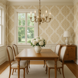 Parisian scroll wallpaper with damask pattern, covering the walls of a traditional dining room.
