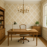 Patterned Parisian Scroll Wallpaper with a floral damask design, decorating a traditional office space.
