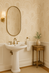 Beige patterned wallpaper from Seabrook Wallcoverings with arched shapes, in a neutral-toned bathroom setting.