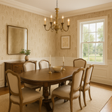 Archipelago wallpaper with beige semicircle pattern, wallpaper only, background dining room with chandelier and furniture.
