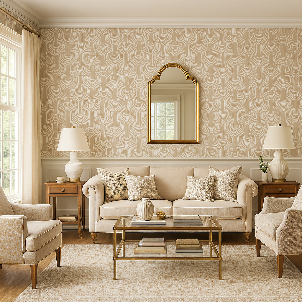 Neutral wallpaper with repeating arches pattern on a beige wall, no brand shown.
