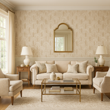Neutral wallpaper with repeating arches pattern on a beige wall, no brand shown.
