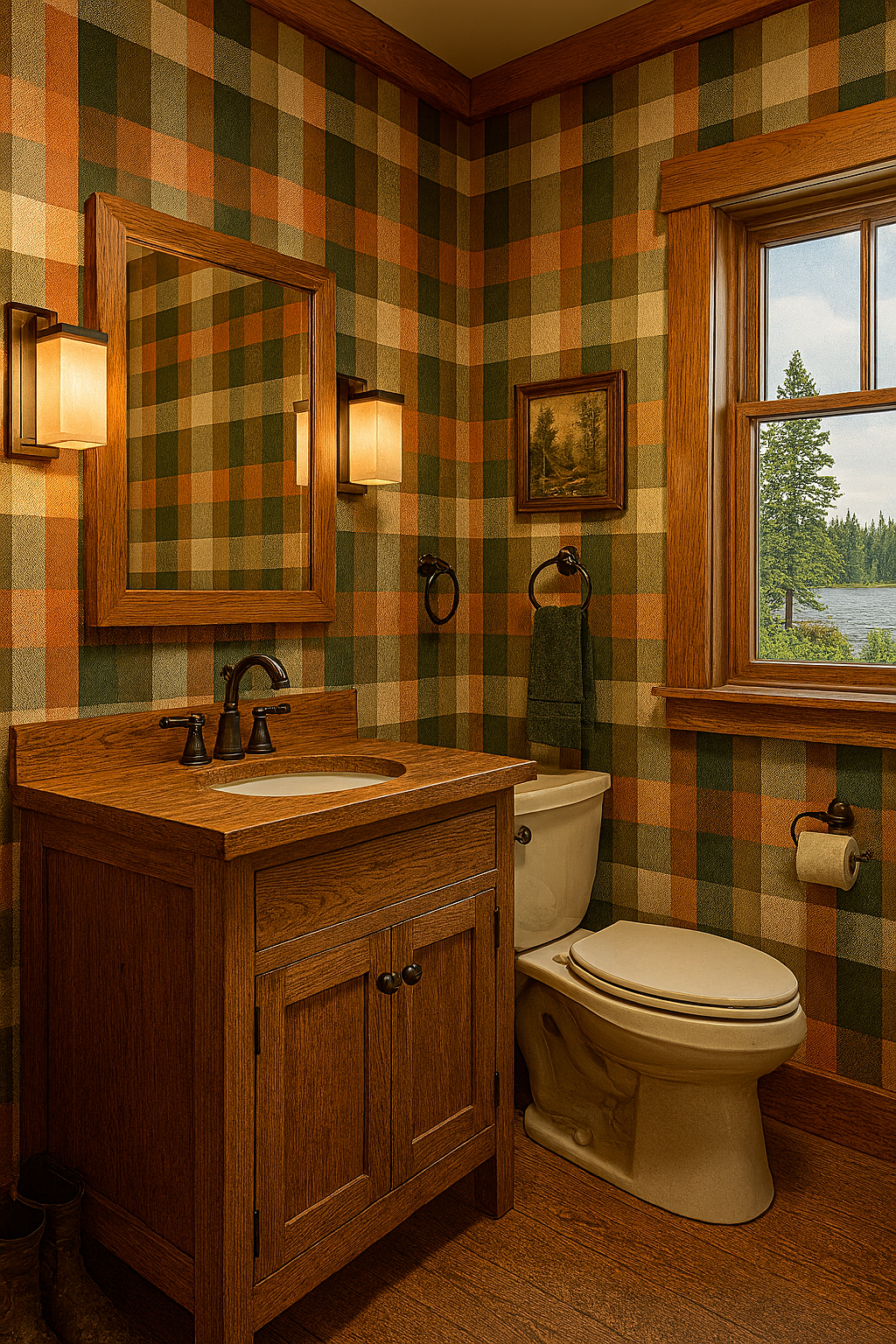 Smoky flannel wallpaper with a green, orange, and beige plaid pattern.
