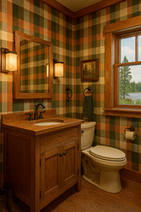 Smoky flannel wallpaper with a green, orange, and beige plaid pattern.