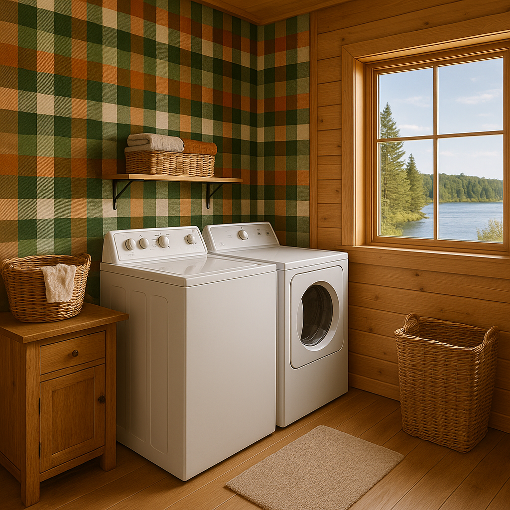 Flannel wallpaper with smoky, green and orange plaid pattern.
