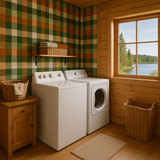 Flannel wallpaper with smoky, green and orange plaid pattern.
