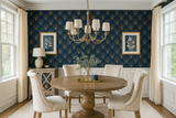 Midnight Fan Wallpaper with navy blue and gold fan pattern, decorating a dining room.
