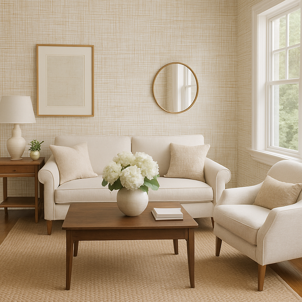 Linen hatch wallpaper with a subtle pattern and texture, as seen in a styled room setting.