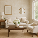 Linen hatch wallpaper with a subtle pattern and texture, as seen in a styled room setting.
