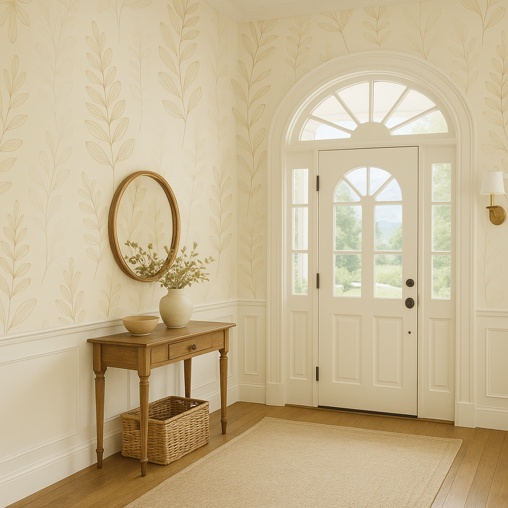 Sand fern wallpaper with leaf pattern, covering a wall in an entryway.