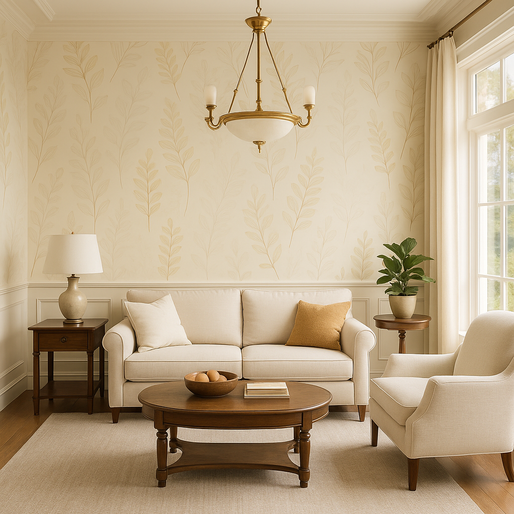 Sand fern wallpaper with leaf pattern on a living room wall.