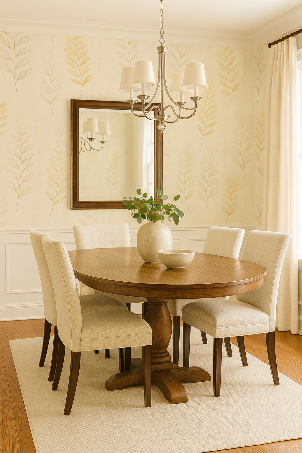 Neutral leaf pattern wallpaper on a dining room wall, reflecting in a mirror behind a wooden table.