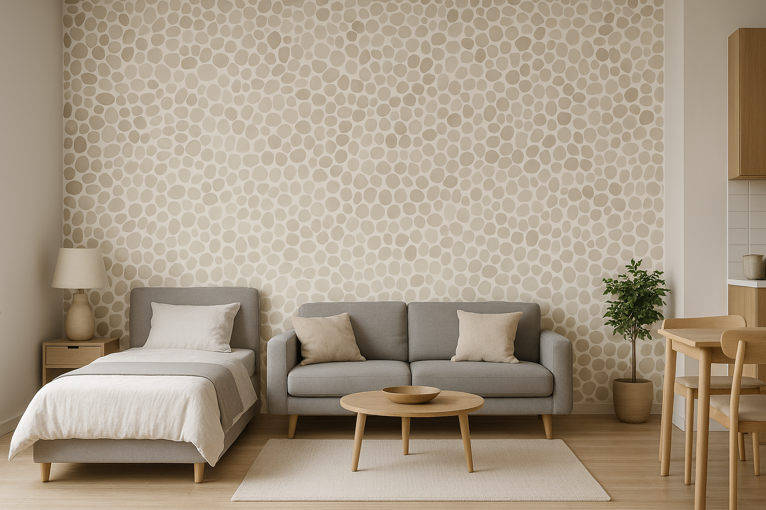 Beige Pebblefield Wallpaper with pebble pattern on the wall.