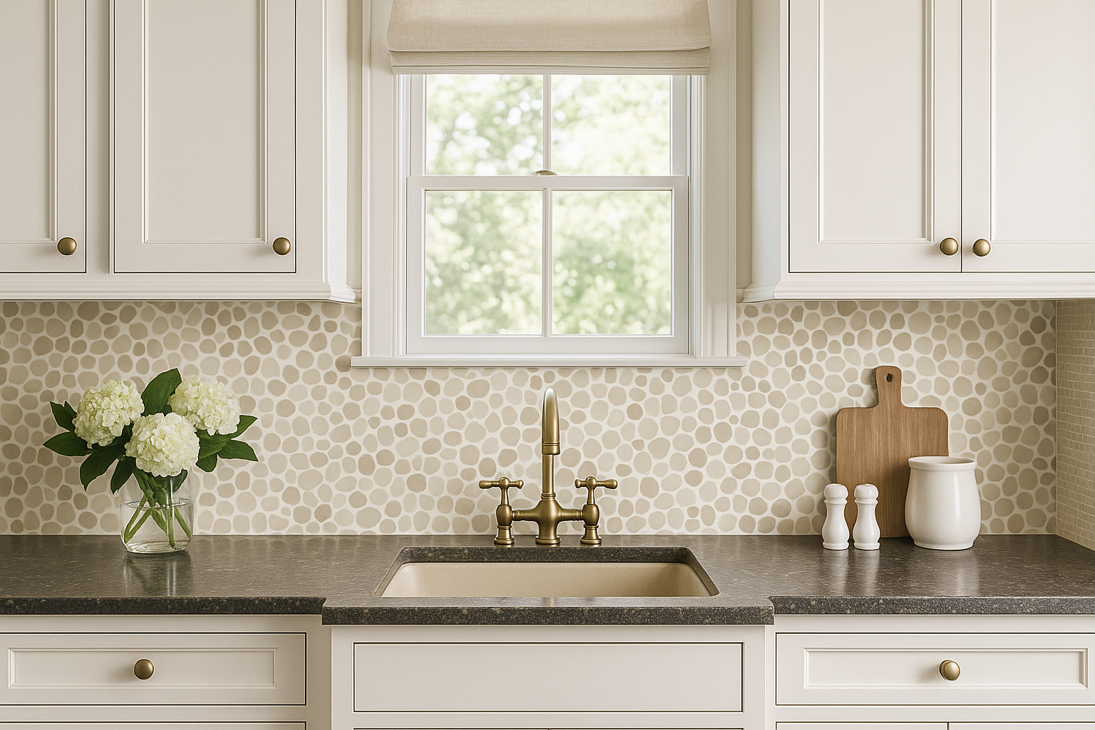 Pebblefield wallpaper with beige pebble pattern on white background, visible behind kitchen sink and decor.
