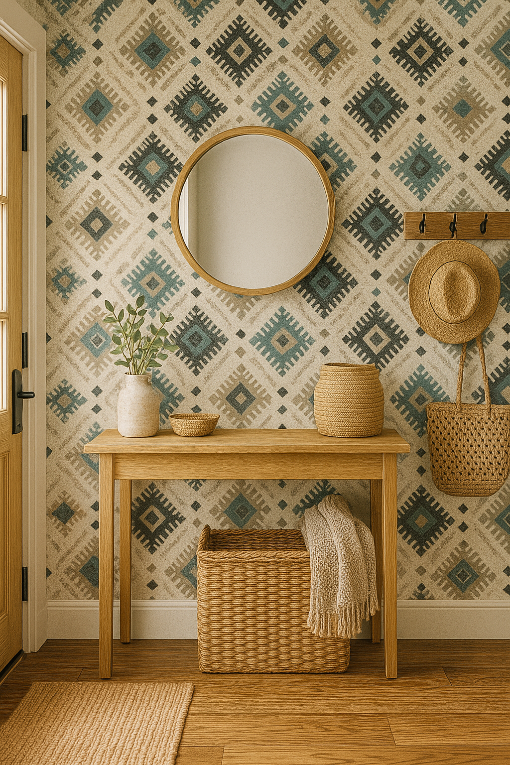 Echoes of Mesilla Wallpaper with a Southwestern diamond motif, showcasing shades of teal, taupe, and charcoal against a cream backdrop.