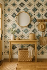 Echoes of Mesilla Wallpaper with a Southwestern diamond motif, showcasing shades of teal, taupe, and charcoal against a cream backdrop.