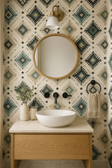 Echoes of Mesilla wallpaper featuring an abstract geometric pattern in cream, teal, and brown colors.