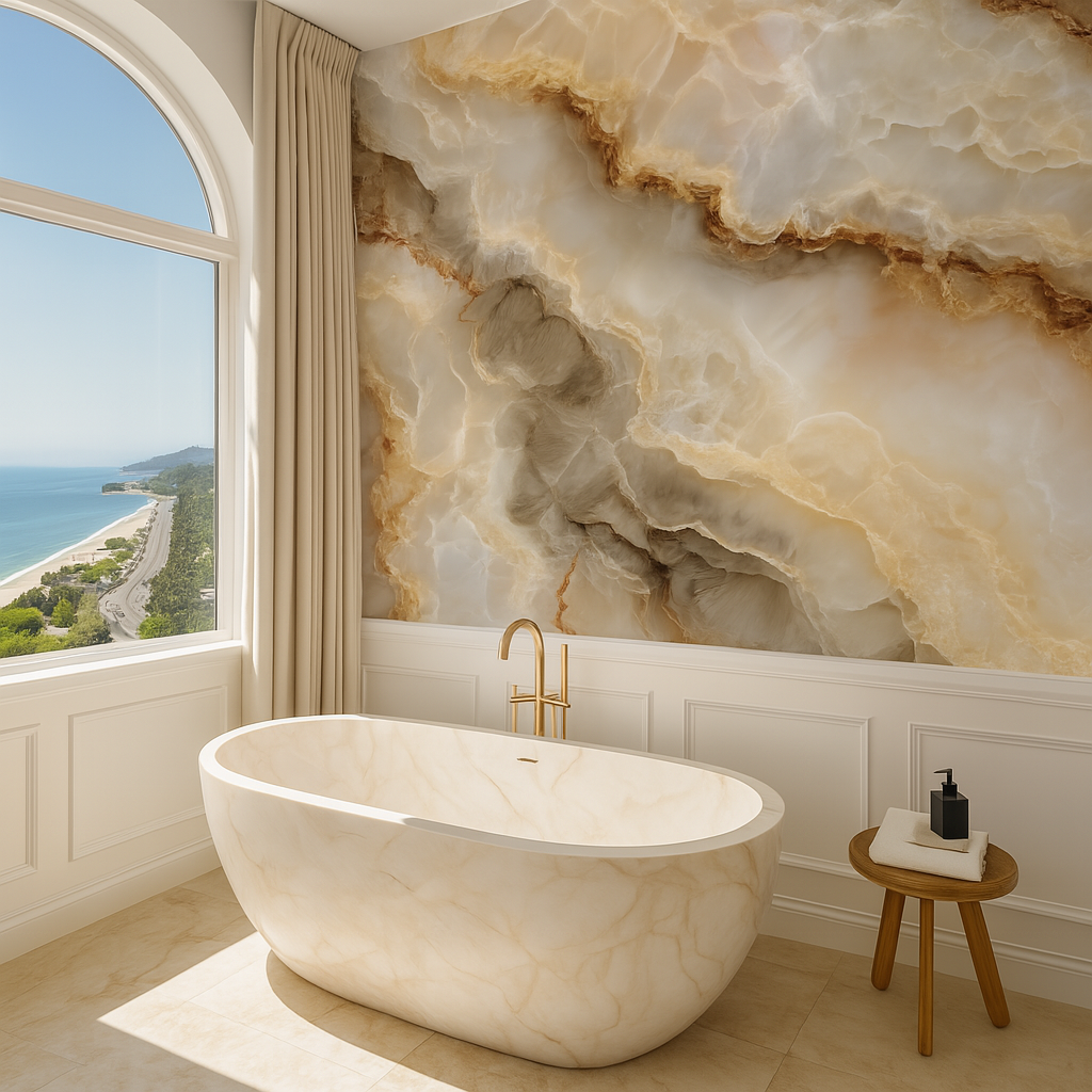 Marble Crust wallpaper with a swirling pattern, showing cream, brown, and grey hues.
